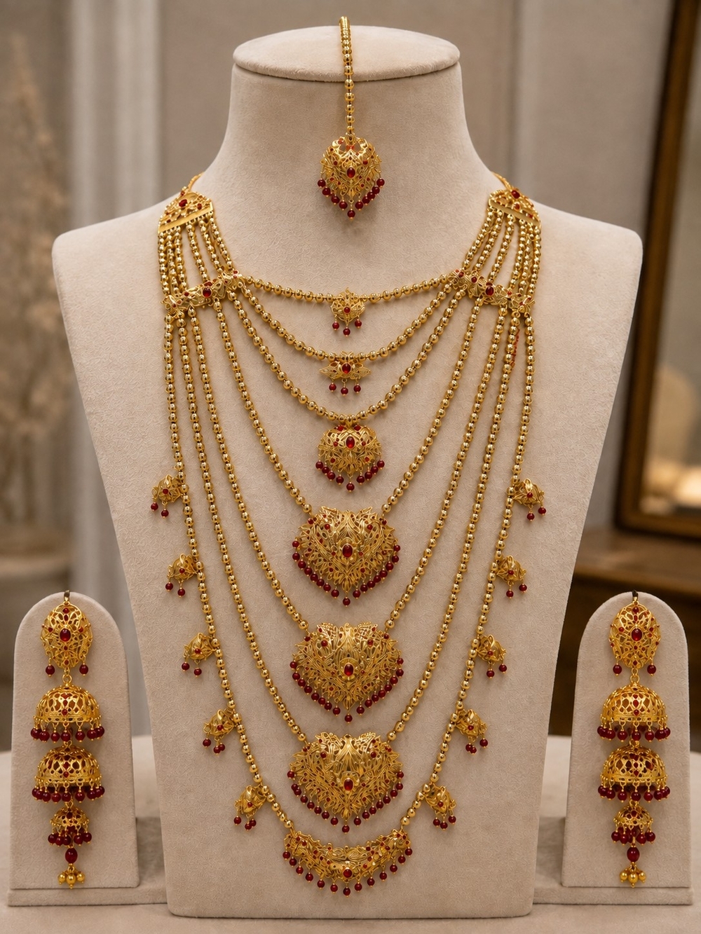Traditional Gold-Tone Multi-Layer Necklace Set with Red Accents